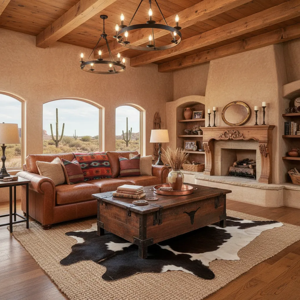 Vintage Western living room with leather sofa cowhide rug and dark wood furniture