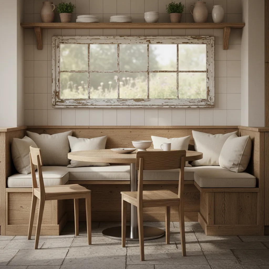 Restored antique window mounted as decorative wall piece in farmhouse kitchen