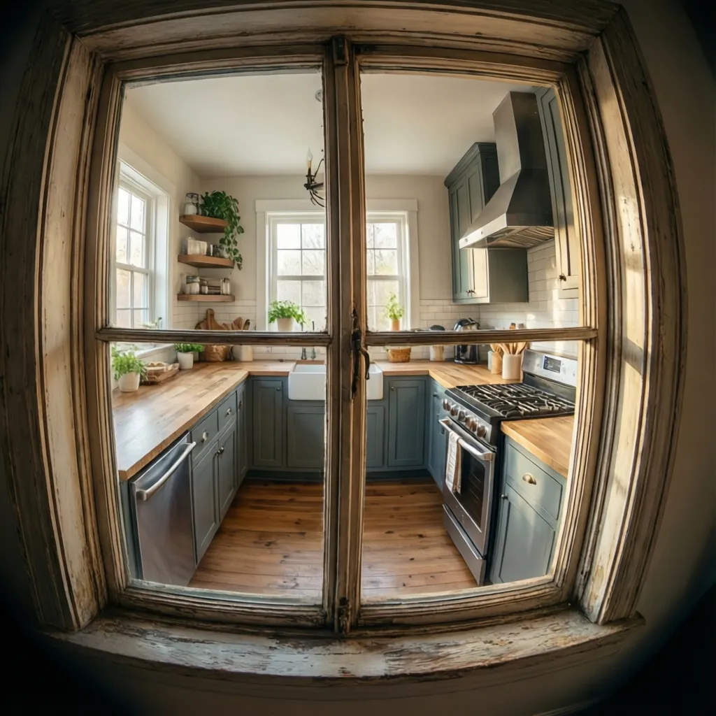 vintage window frame reflecting light across a small kitchen
