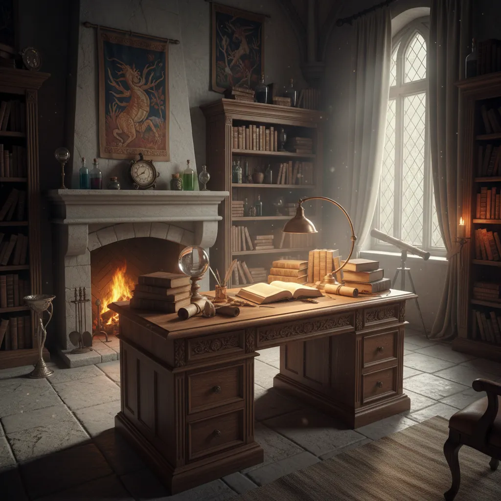 Despacho con escritorio antiguo y decoración estilo mago