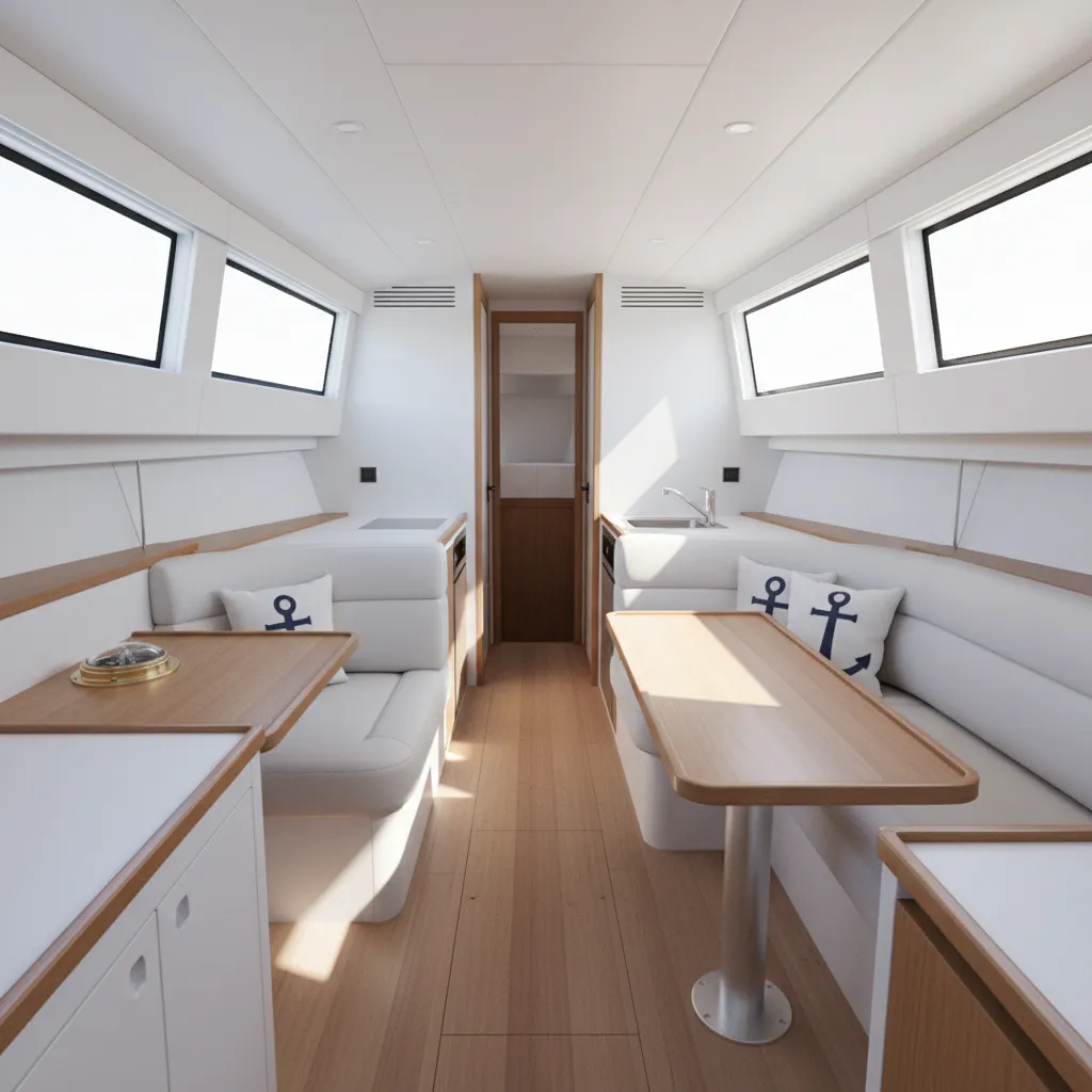 vinyl wall panels and seating surfaces in modern boat interior