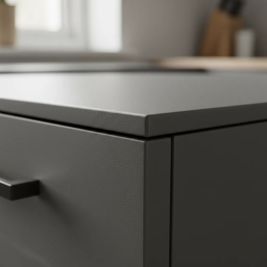 close-up of vinyl cabinet wrap edge showing adhesive layer and finish