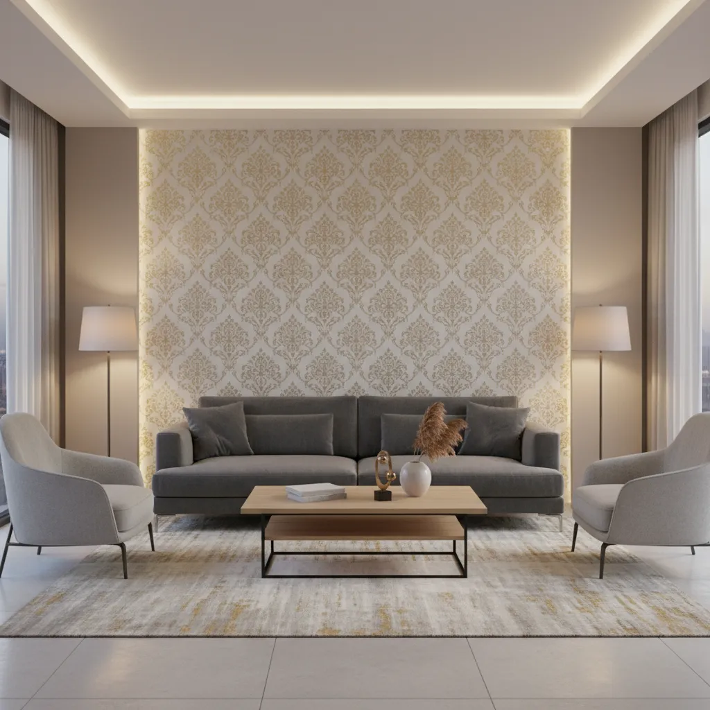 Living room with durable vinyl damask wallpaper accent wall