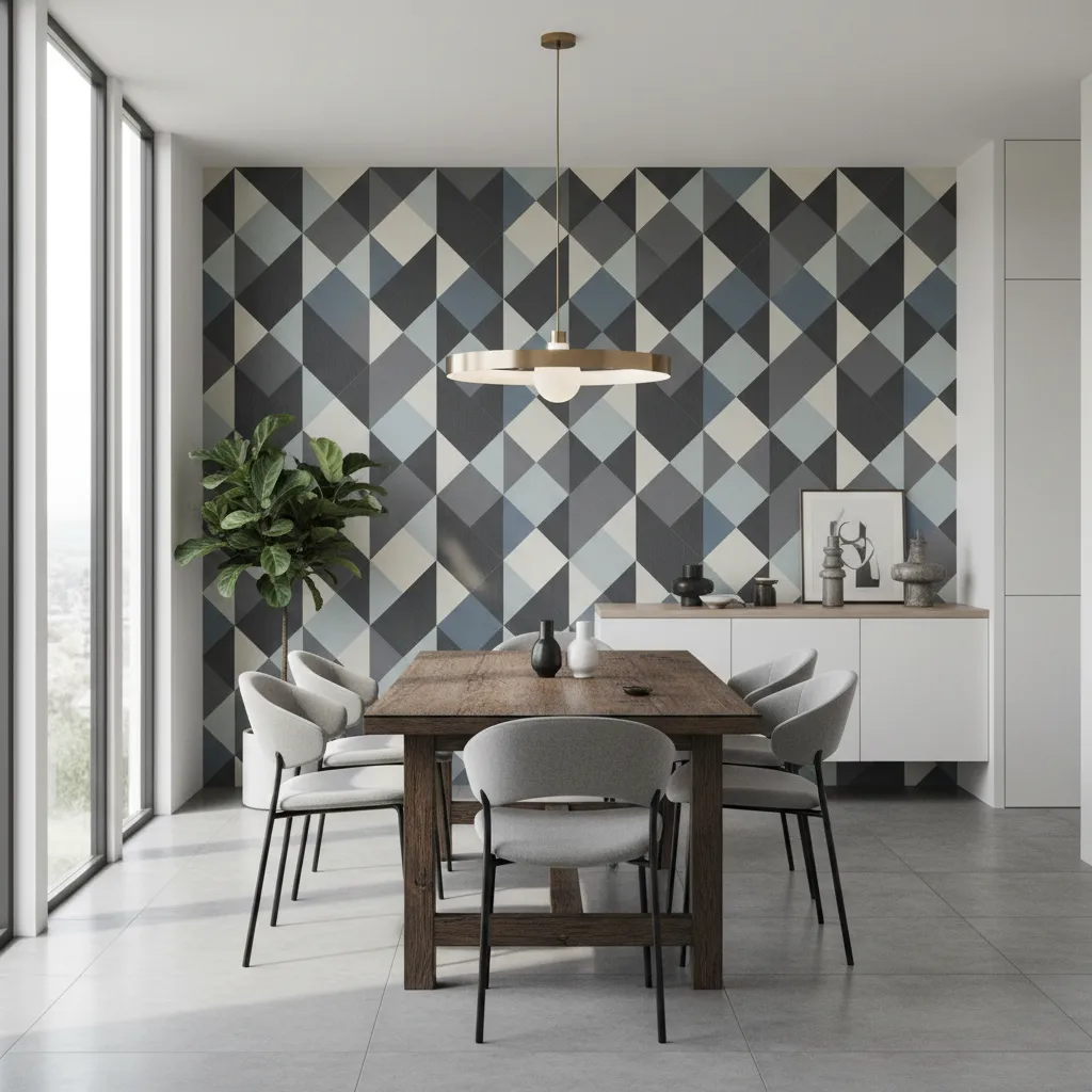 Modern dining room with wooden table, grey chairs, geometric wall pattern, gold ceiling light, plant