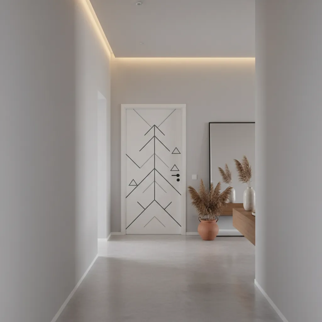 Modern hallway showing white door with black geometric patterns mirror and vases with brown plants