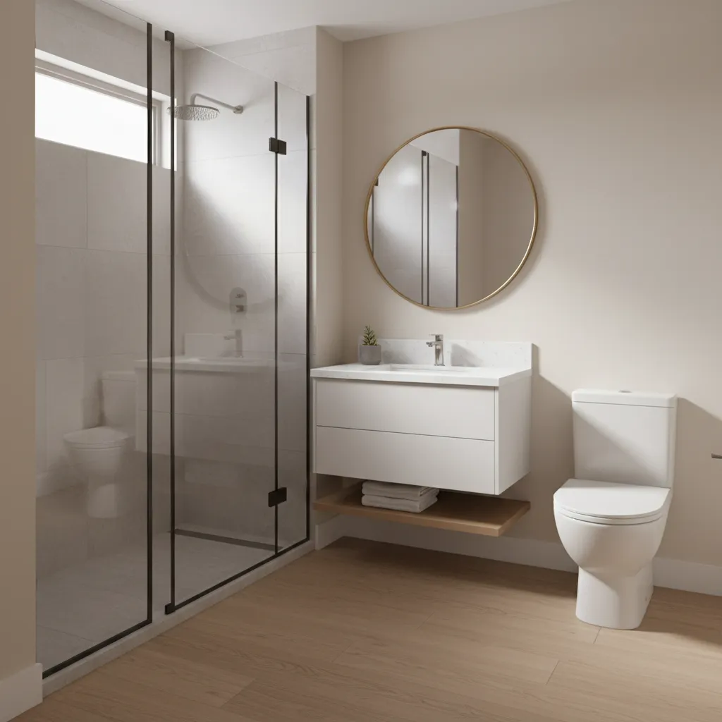 Guest bathroom with waterproof vinyl floating floor installation
