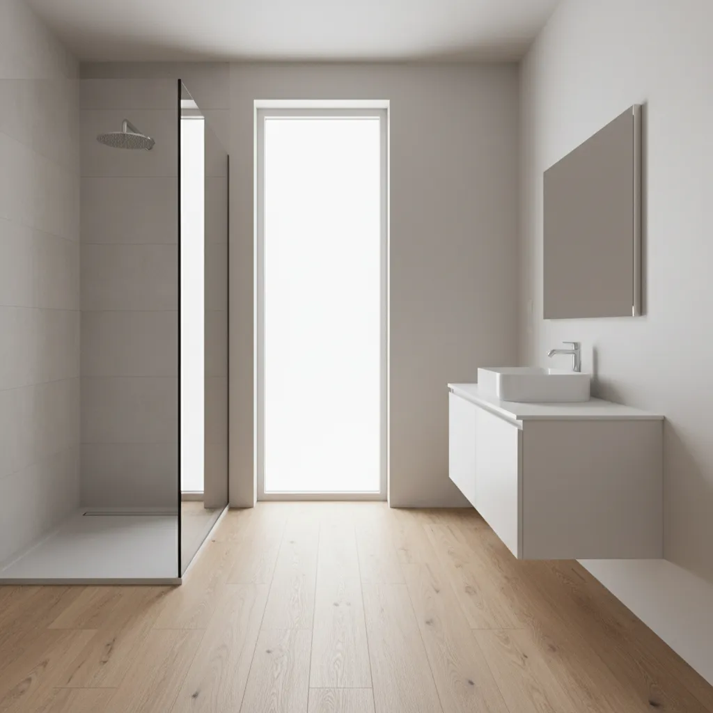Luxury vinyl plank floating floor installed in a modern bathroom