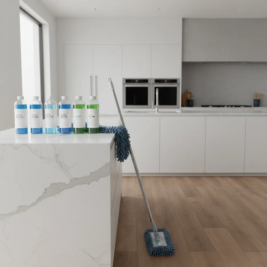 Professional vinyl floor cleaning products arranged on kitchen counter