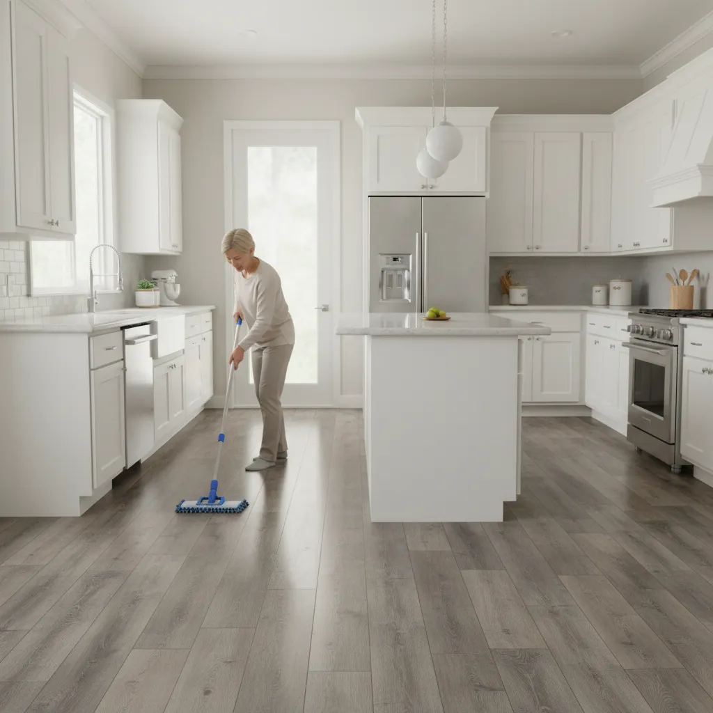 Person cleaning vinyl plank flooring with damp mop in modern kitchen