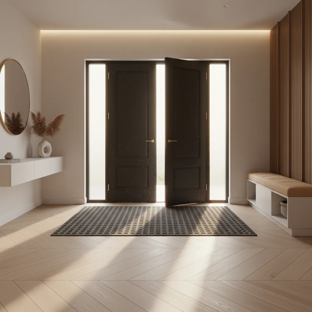 Entryway with vinyl plank flooring and moisture control mat preventing water from reaching floor seams