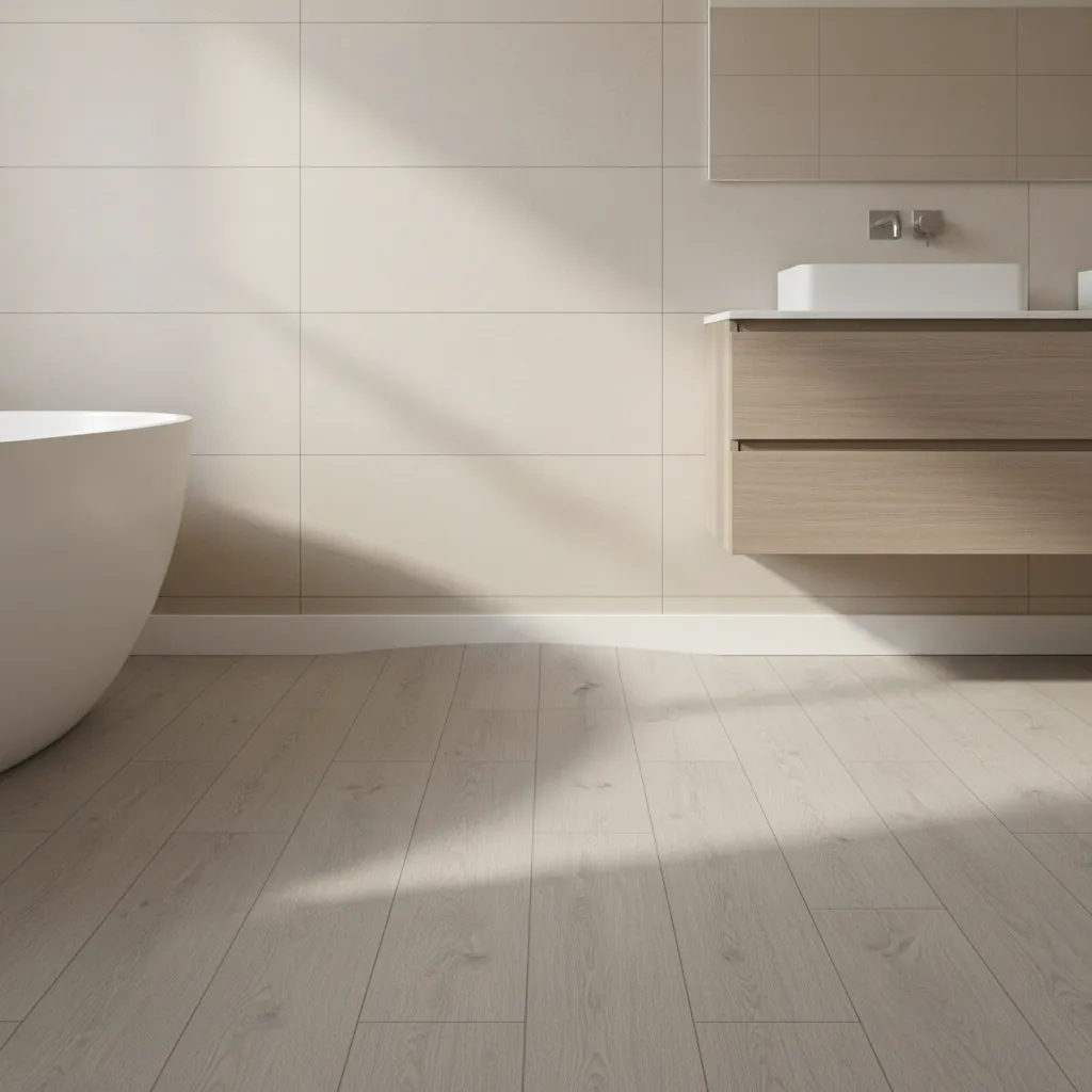 Vinyl plank flooring lifting near bathroom wall due to expansion pressure