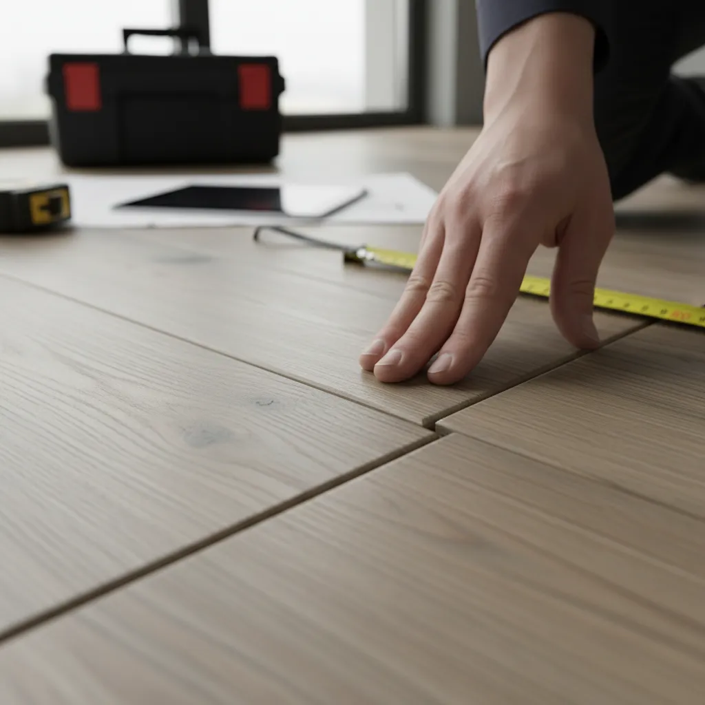 close view inspecting seams of vinyl plank flooring for moisture or odor sources