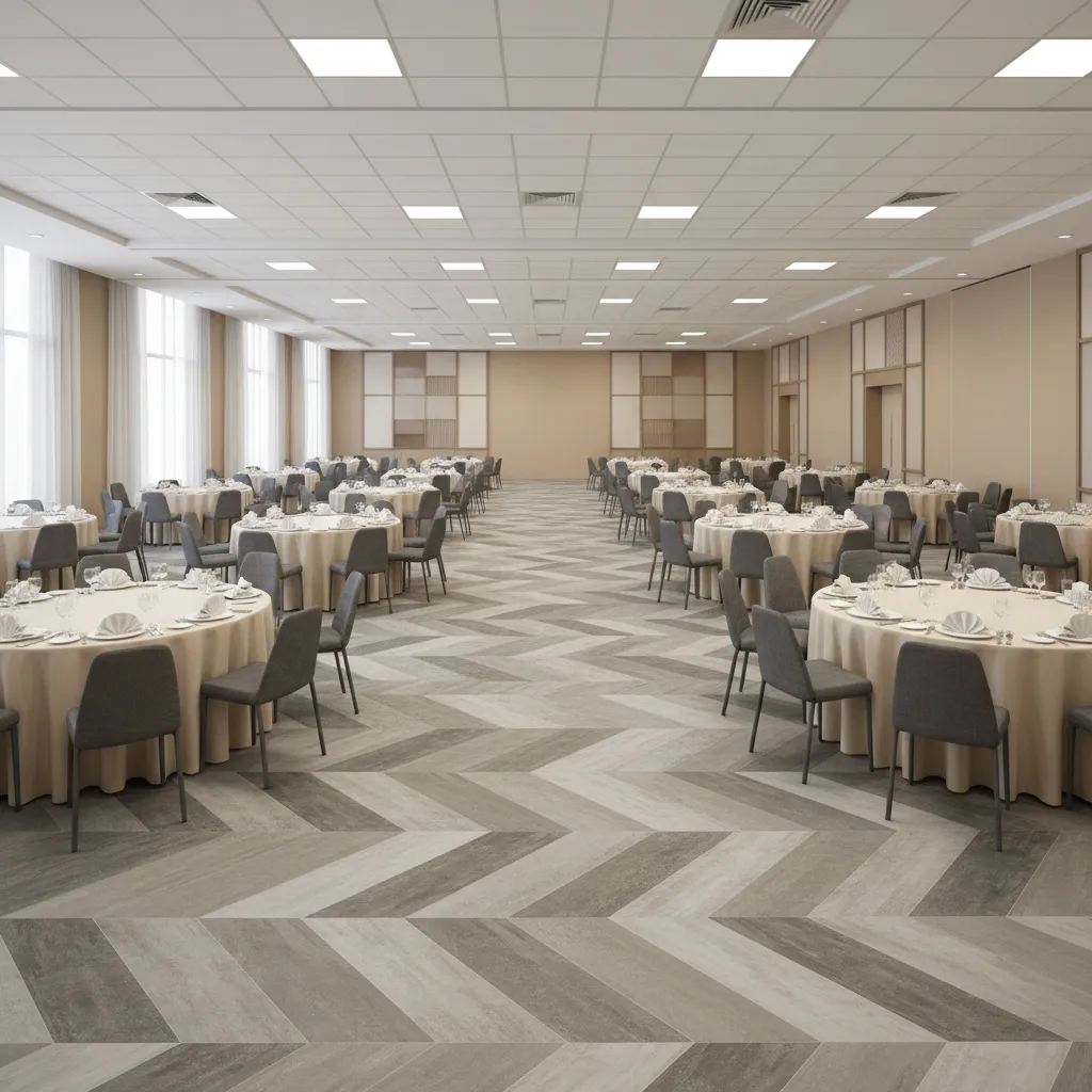 Banquet hall with chevron patterned floor round dining tables grey chairs and square ceiling lights