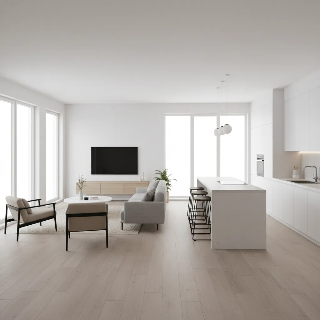 vinyl plank flooring in small open plan living and kitchen area