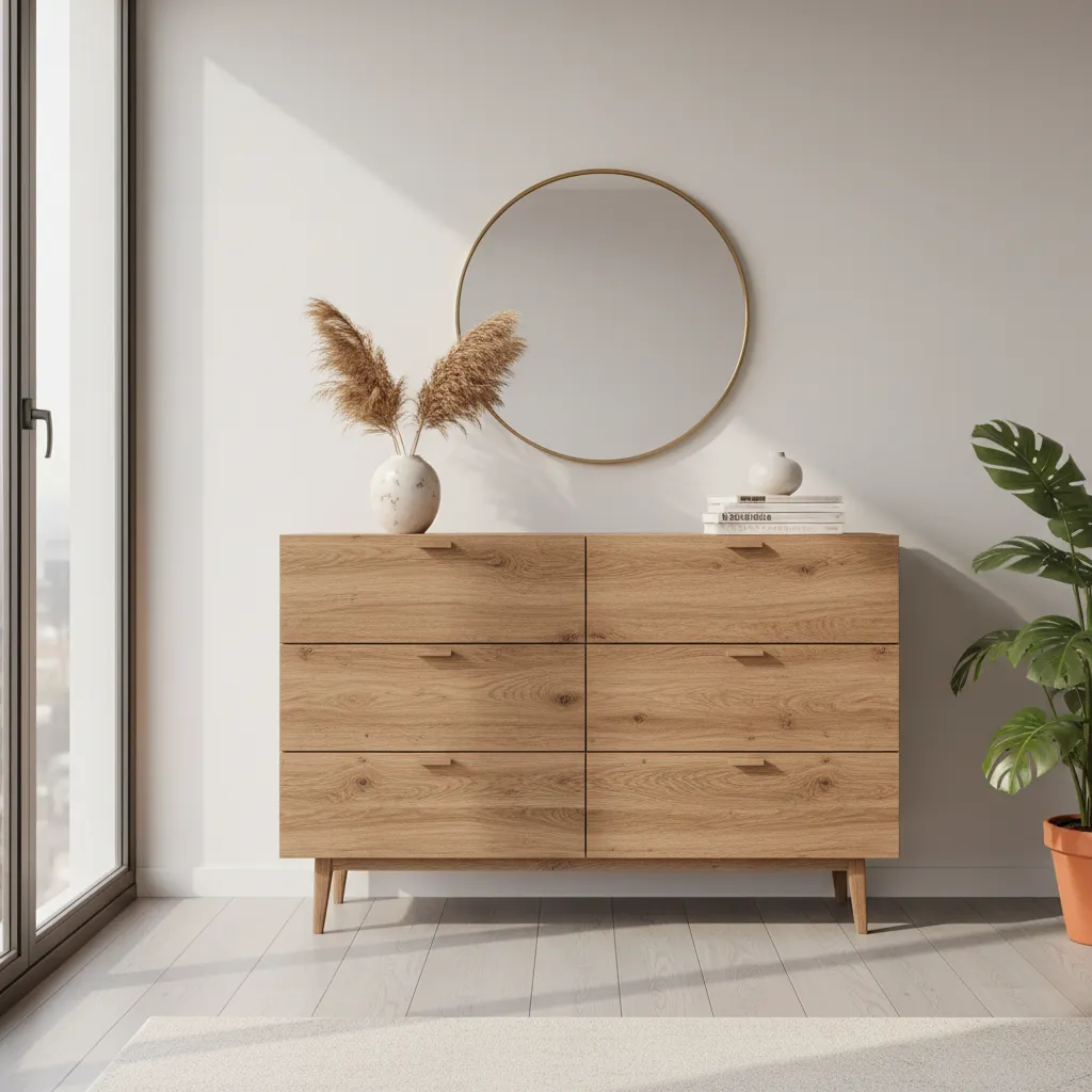 Wooden bedroom cabinet with six drawers, round wall mirror, potted plant, and light wood floor