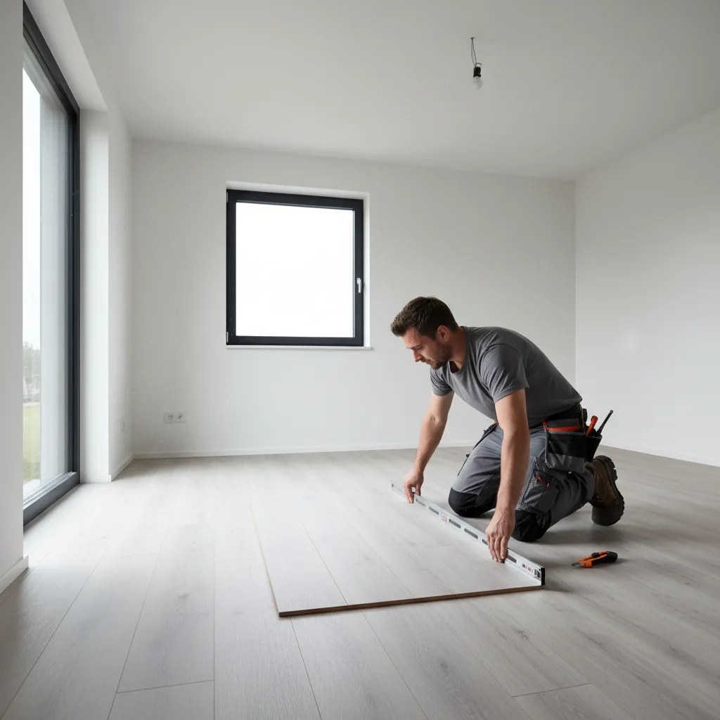 Inspector checking laminate floor stability before installing vinyl plank
