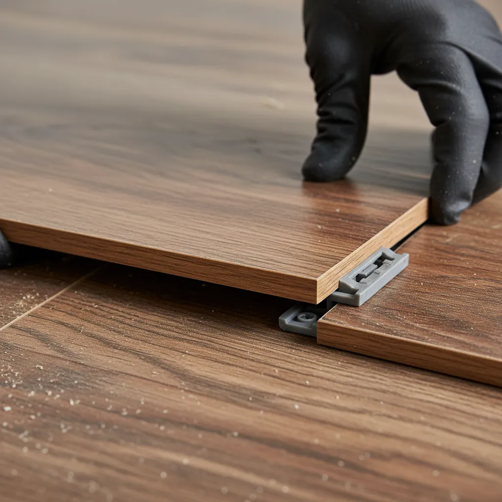 Close-up of click-lock vinyl plank edges connecting during installation