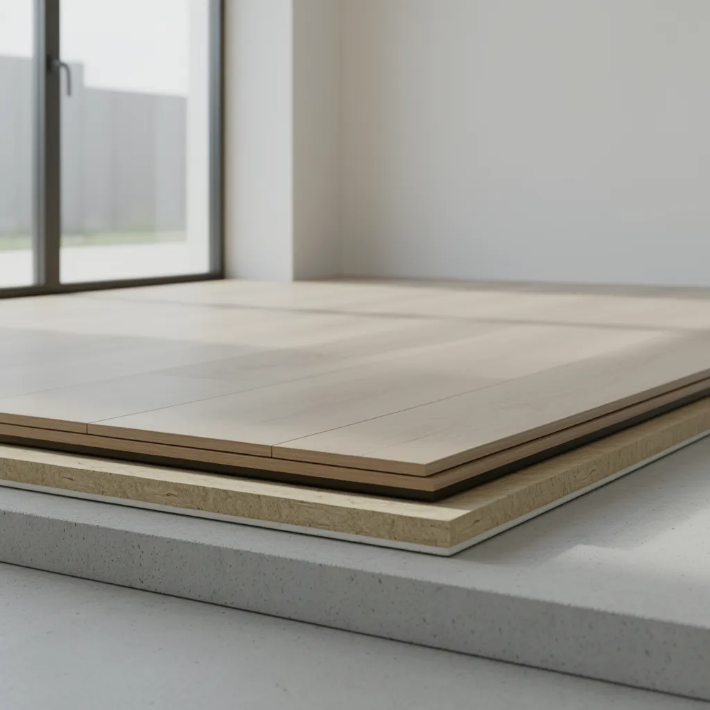 cutaway view of luxury vinyl plank flooring layers showing subfloor and underlayment