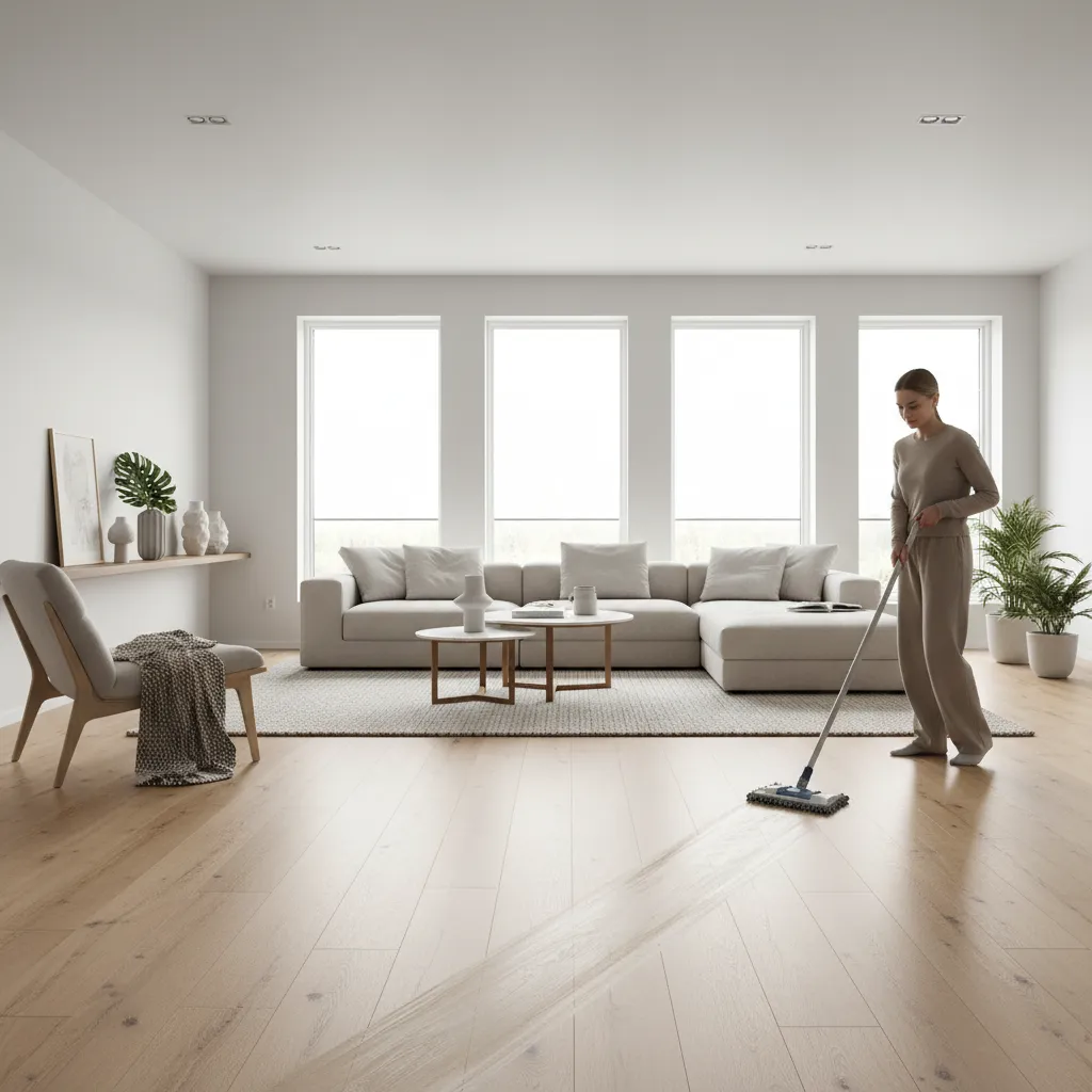 Minimalist living room showing luxury vinyl plank flooring and a microfiber mop used for daily cleaning