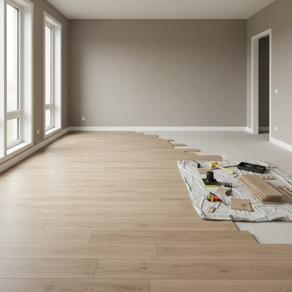 Partially installed vinyl plank flooring in a modern living room showing installation process