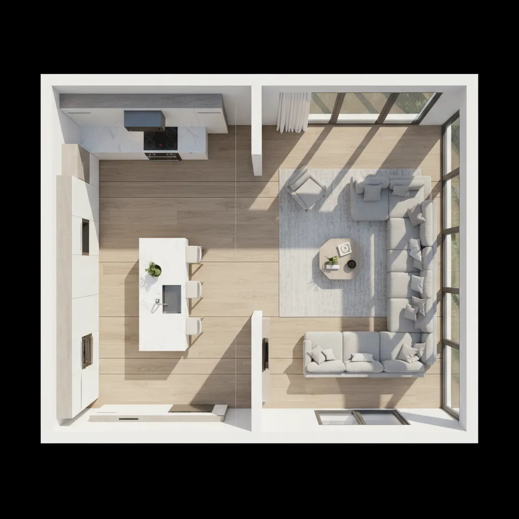 floor layout planning for vinyl plank installation in open plan home