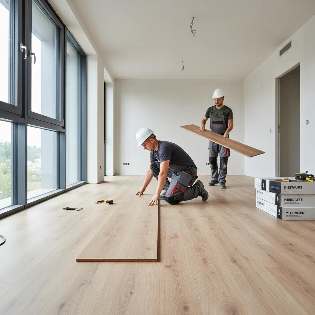 Apartment renovation showing installation of luxury vinyl plank flooring