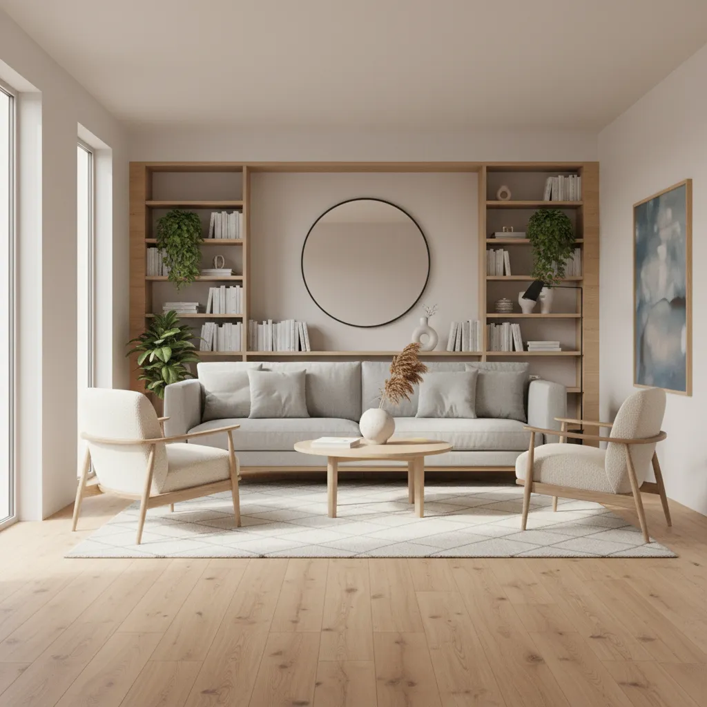 modern living room with installed vinyl plank flooring showing plank direction