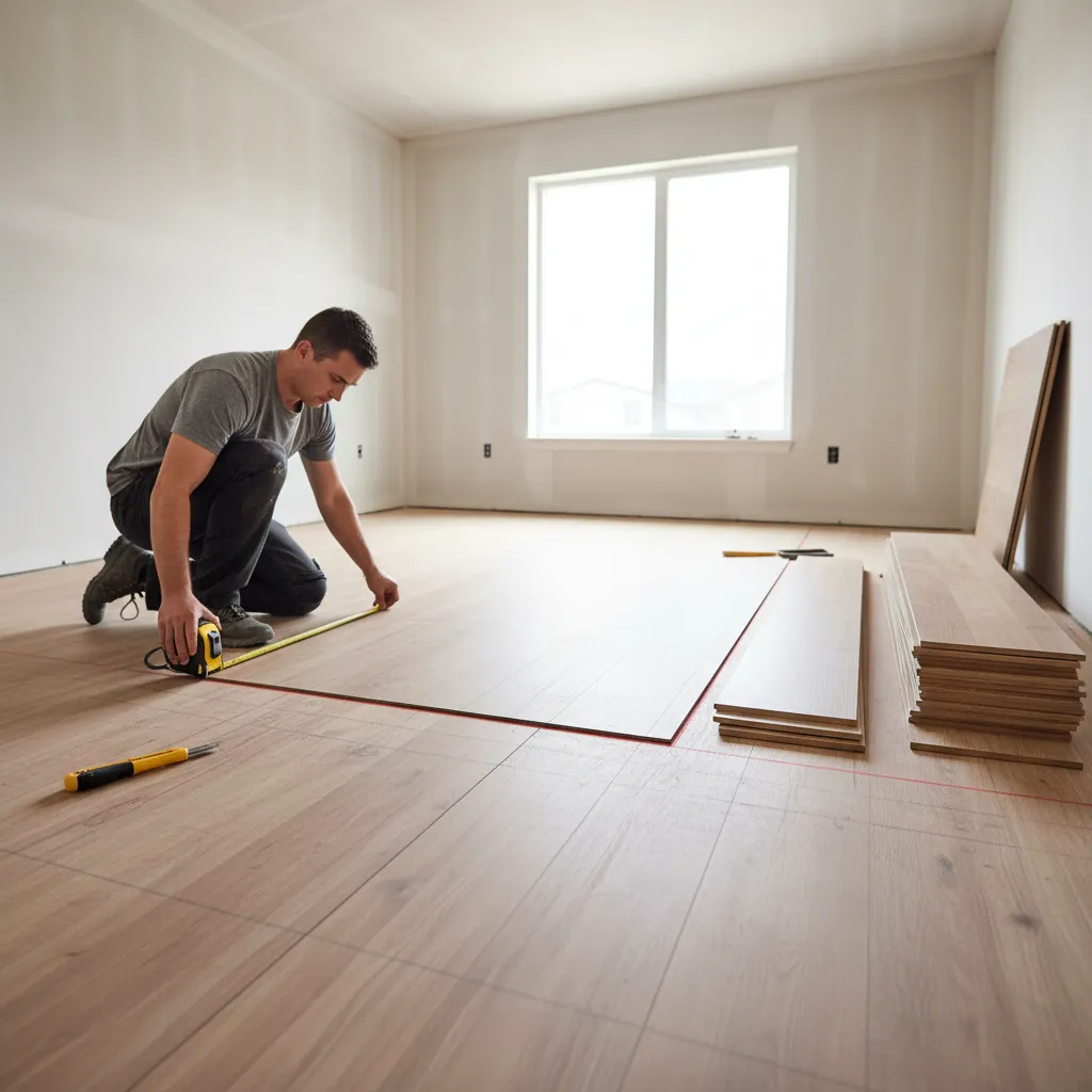 Installer planning vinyl plank flooring layout on subfloor with measuring tools