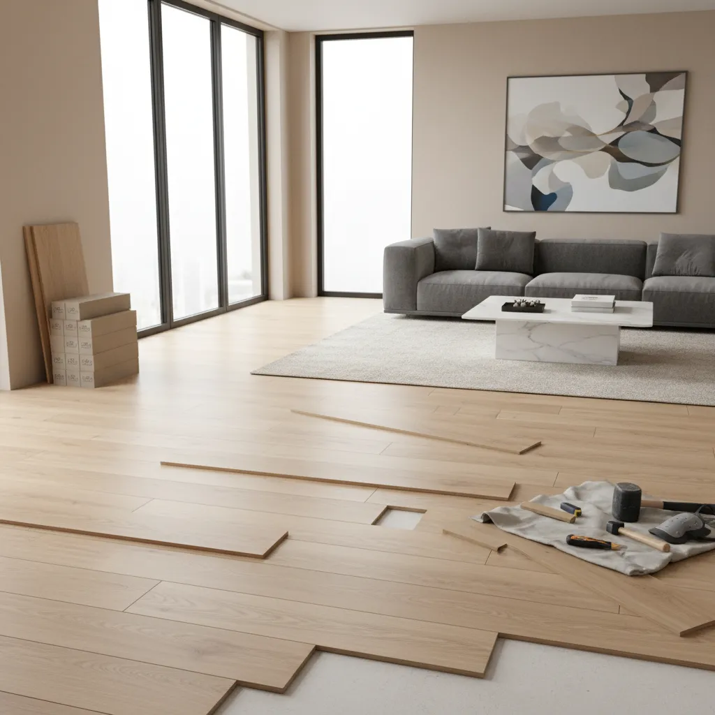 Half-installed vinyl plank flooring showing installation progress across room