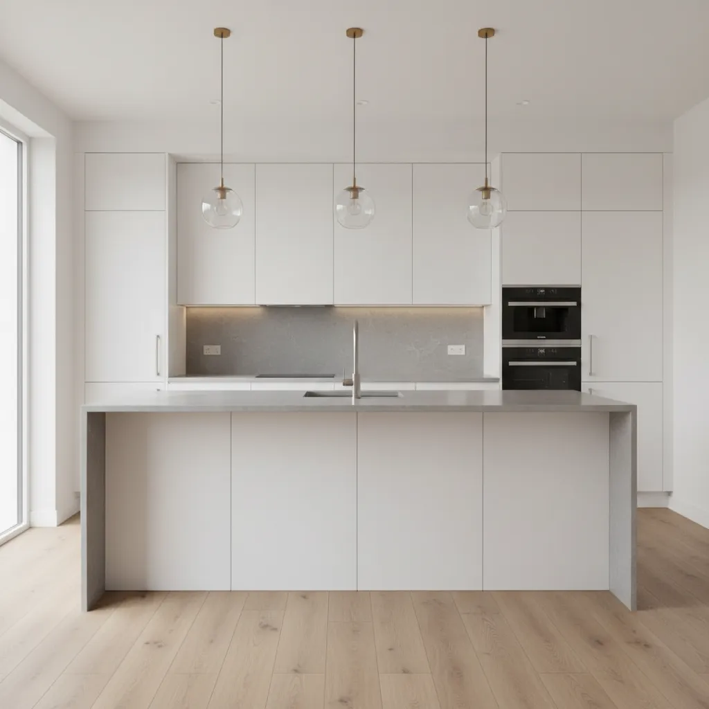 Modern kitchen interior with waterproof vinyl plank flooring and white cabinets