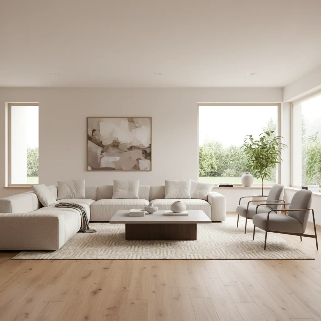 Living room interior with wood look vinyl plank flooring and modern furniture