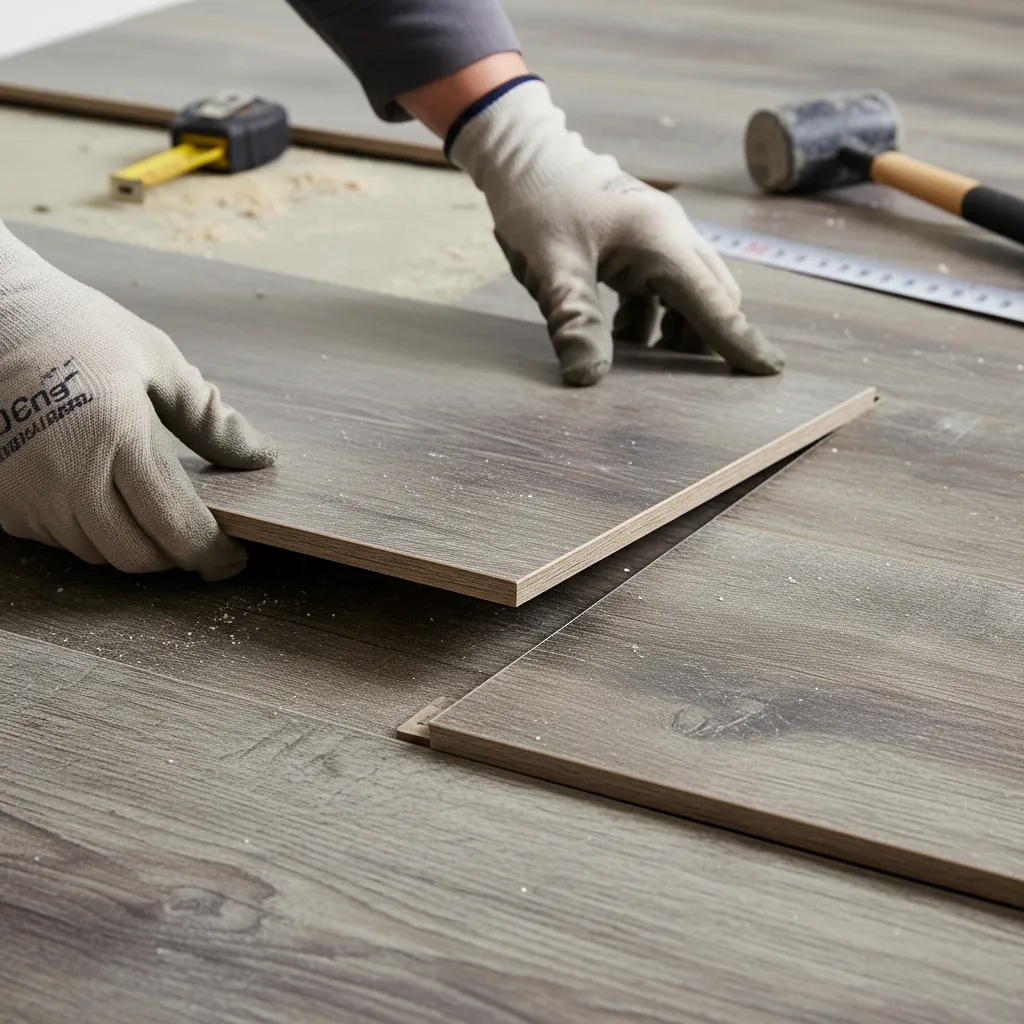 close up of vinyl plank click lock installation system