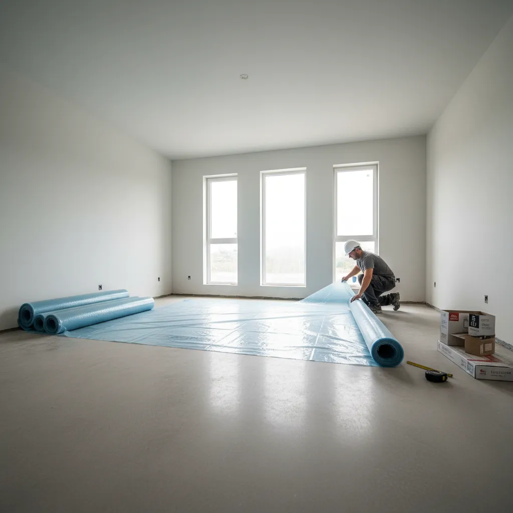 Installing vapor barrier sheet over concrete subfloor before vinyl plank flooring