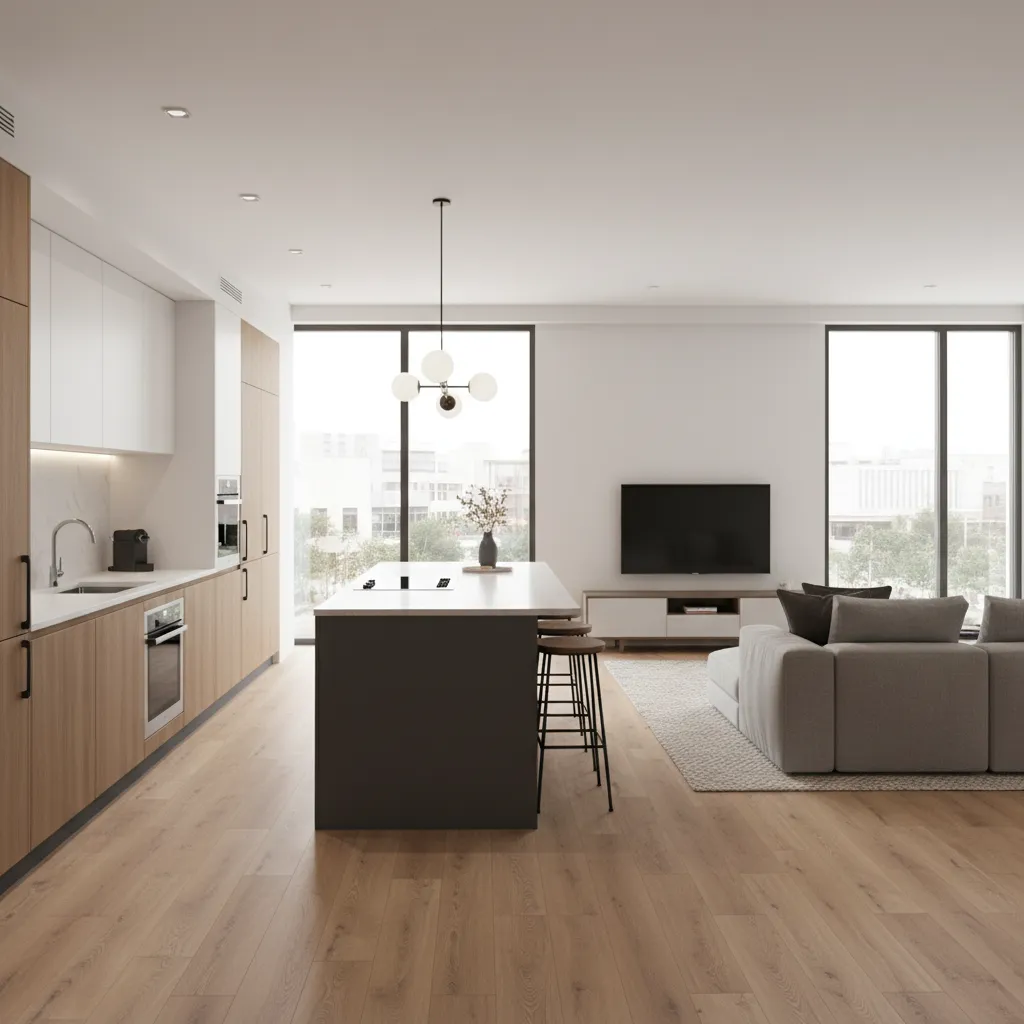 Luxury vinyl plank flooring across an open plan living and kitchen area