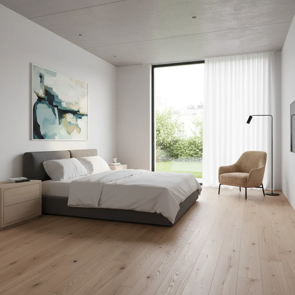 Modern bedroom with vinyl plank flooring installed on second floor