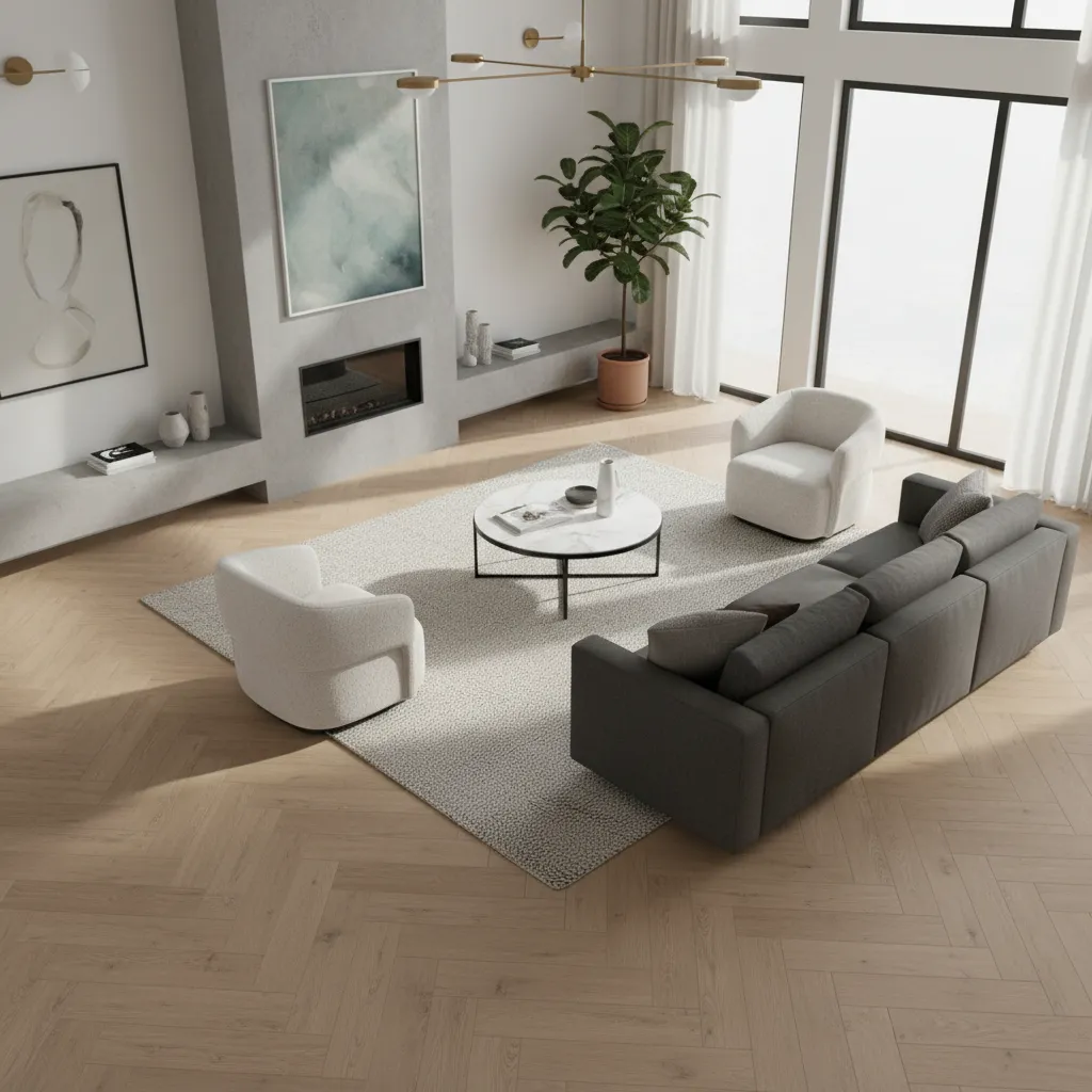 Staggered vinyl plank flooring layout pattern across open living space