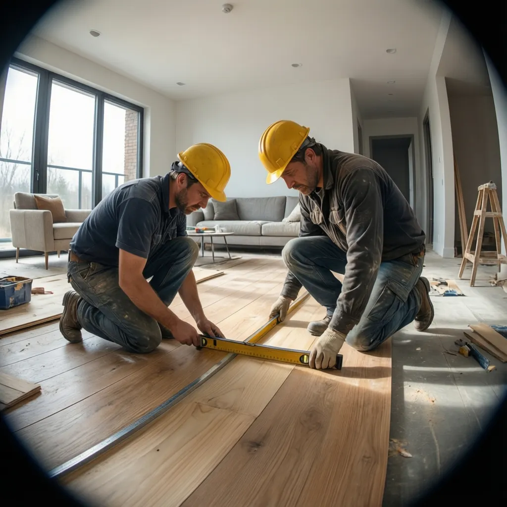 Contractor inspecting plywood subfloor before vinyl plank flooring installation