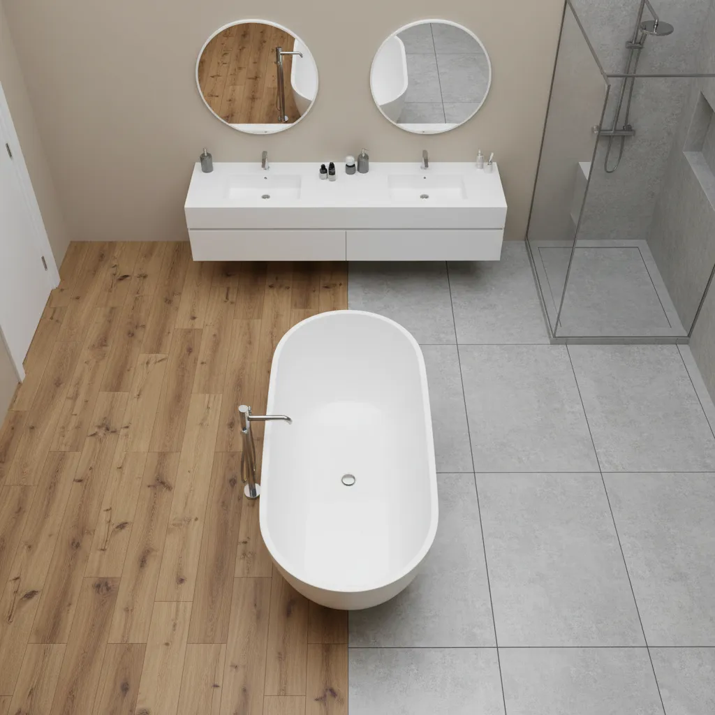 Comparison of vinyl plank and ceramic tile flooring in bathroom layouts