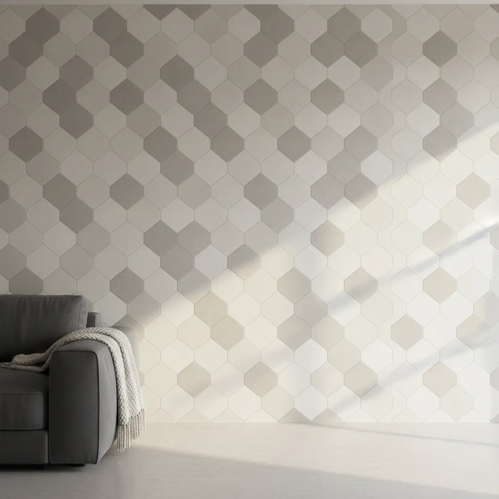 close view of vinyl tile stickers installed on a modern living room wall