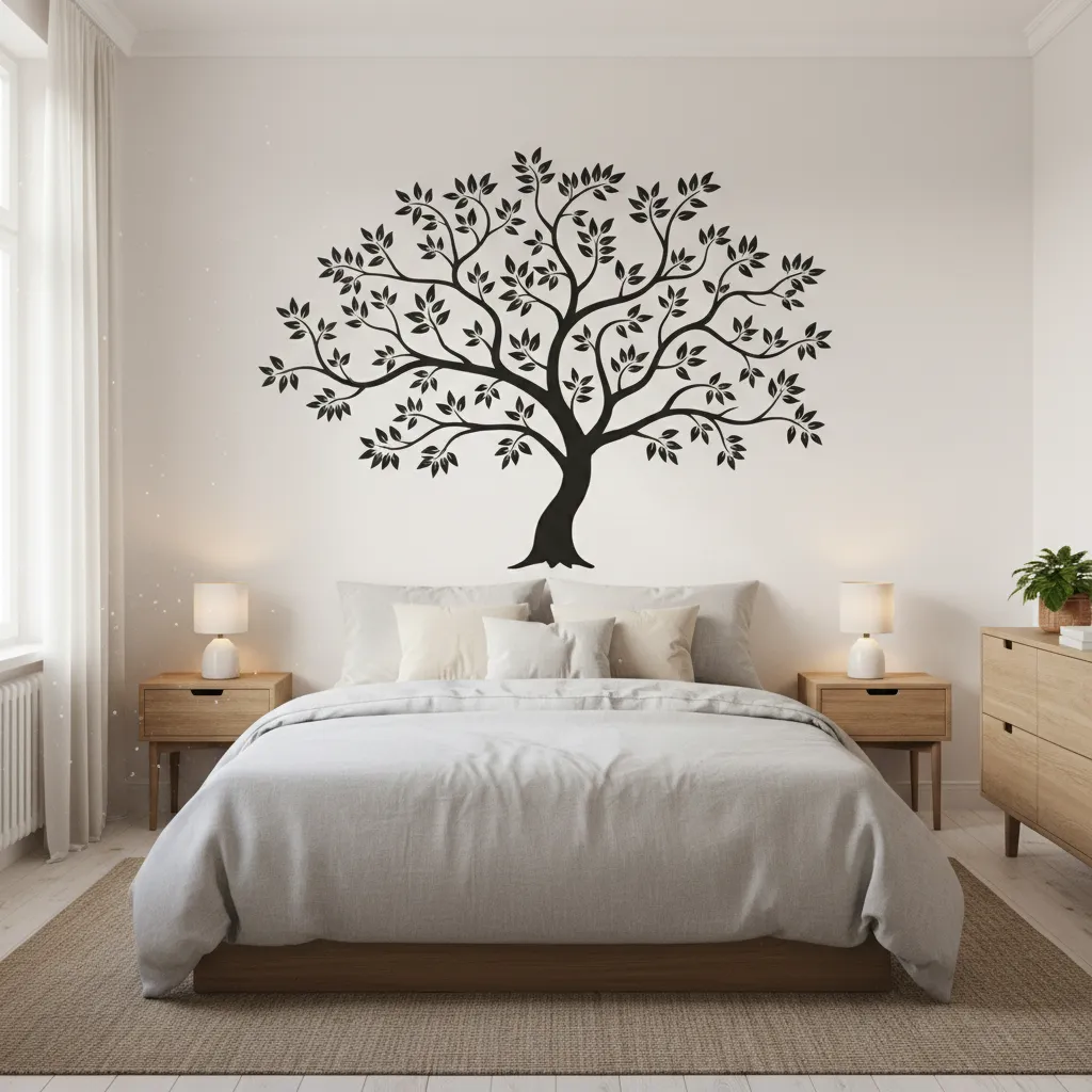 vinyl tree wall decal in a small apartment bedroom