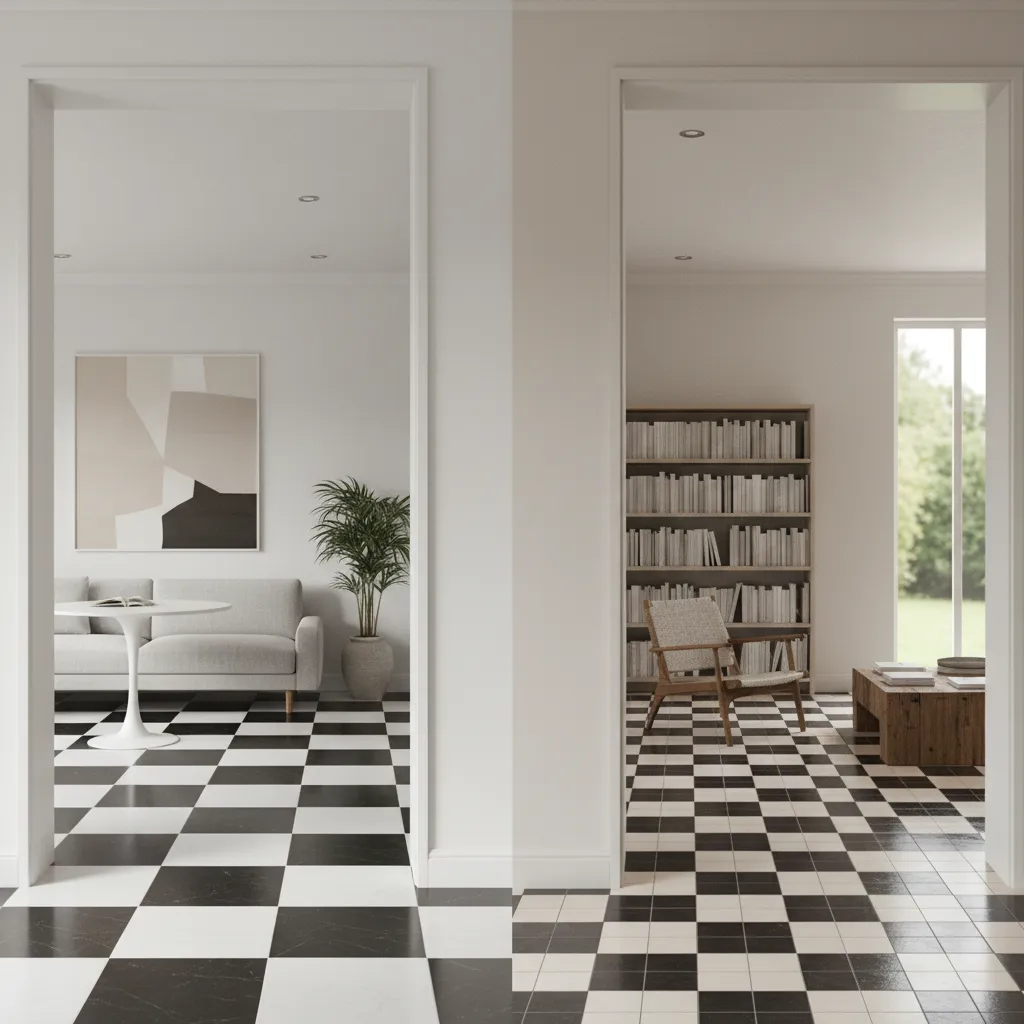 side by side comparison of vinyl and ceramic checkerboard flooring