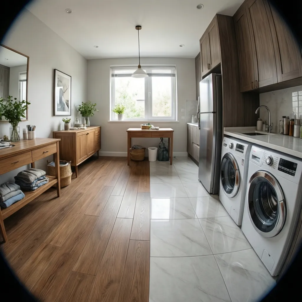 side by side vinyl plank and porcelain tile flooring in laundry space