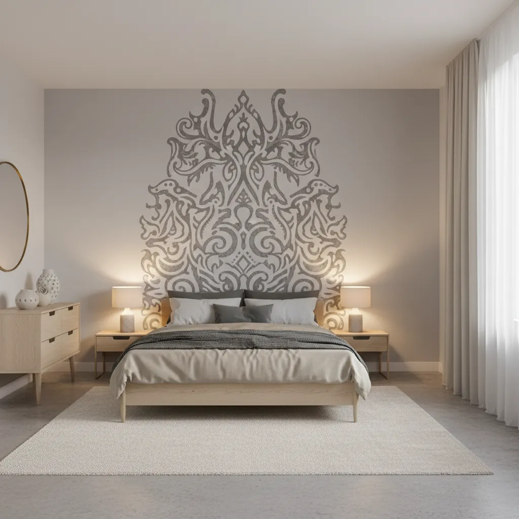 Minimalist bedroom featuring gray patterned wall art behind bed with nightstands two lamps and rug