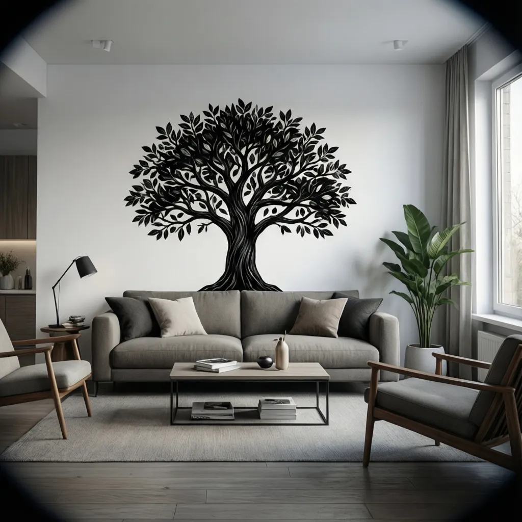 Modern vinyl wall tree decal applied above a sofa in a minimalist living room
