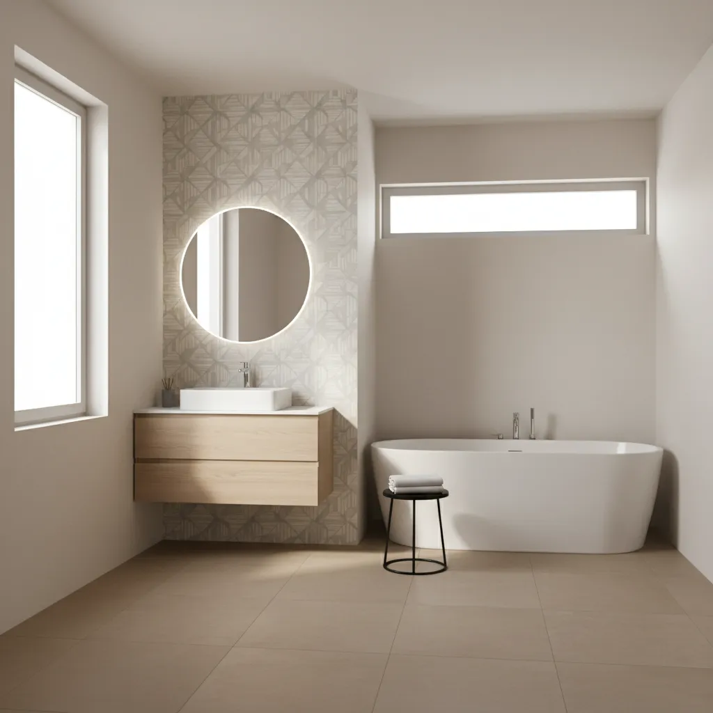 vinyl wallpaper installed in modern bathroom with clean moisture resistant wall finish