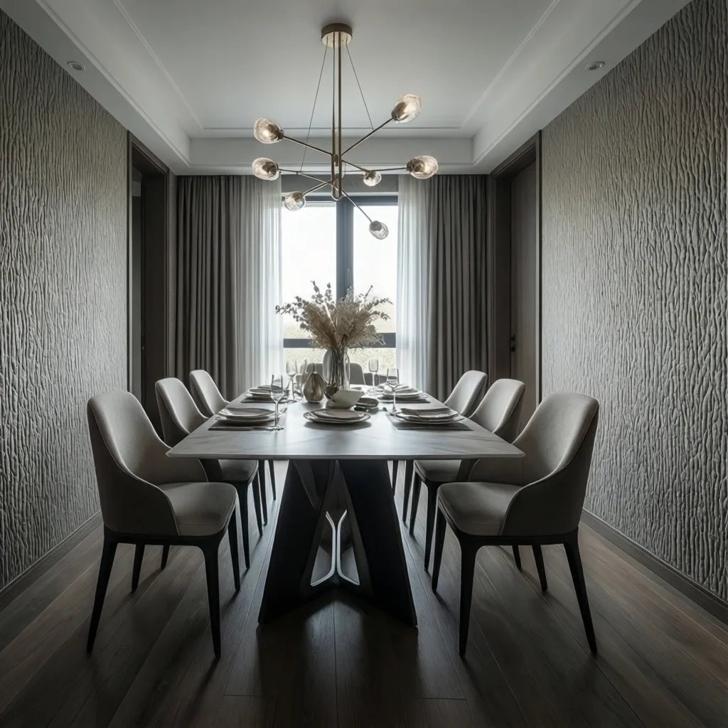 Modern dining room featuring durable vinyl wallpaper with subtle luxury texture