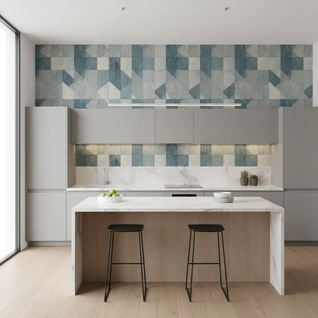 Modern kitchen with durable vinyl wallpaper accent wall and white cabinetry