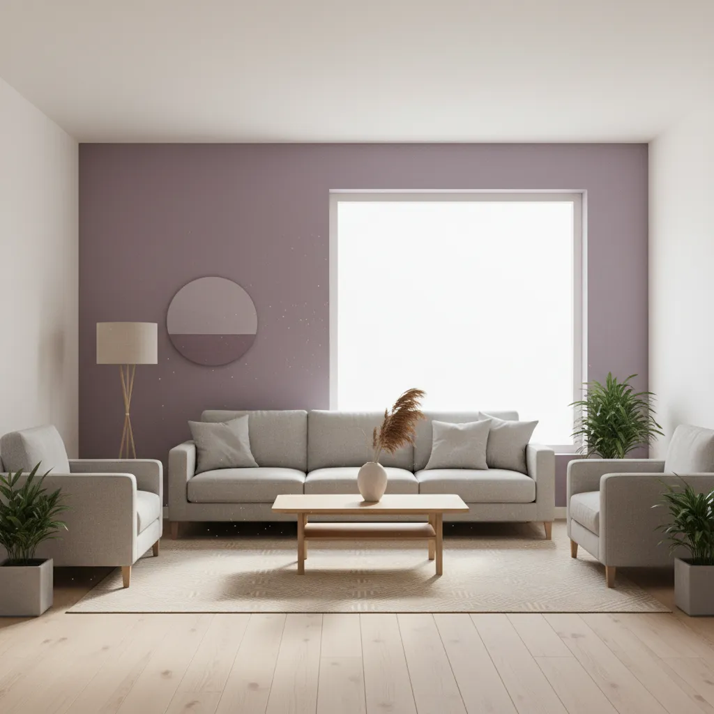 Salón con pared de acento violeta y decoración moderna