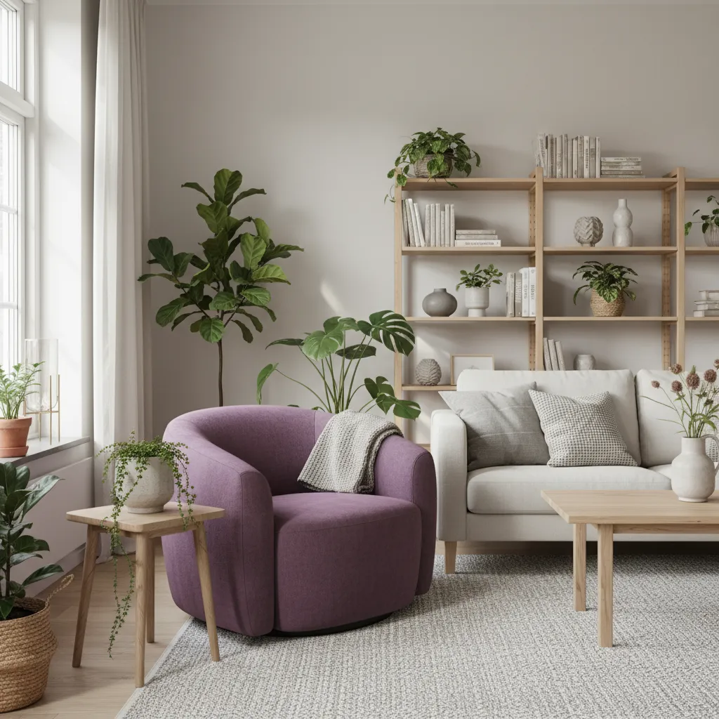 Interior con combinación de violeta y madera natural