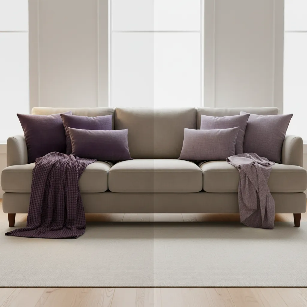 Violet pillows shown in velvet linen and cotton under different lighting